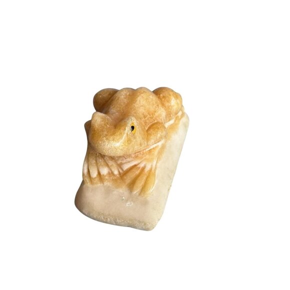 Carved Calcite Frog Figurine 3" Long Handcrafted Natural Stone Sculpture Yellow - Picture 1 of 6
